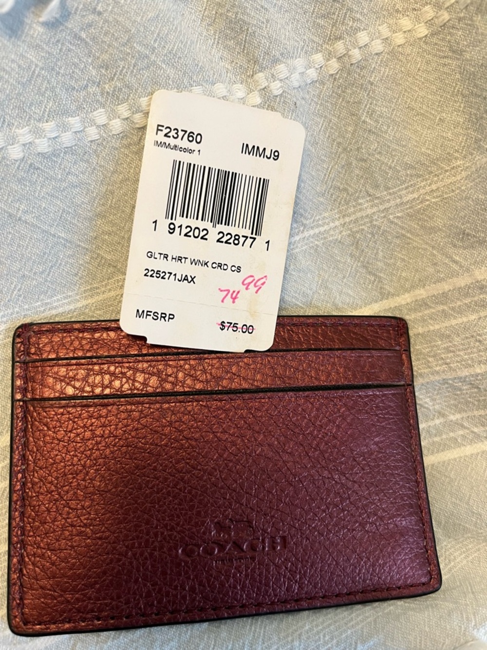 Coach…card case…Burgundy Leather Card Holder with Glitter Heart & Blue Accent - Picture 2 of 4